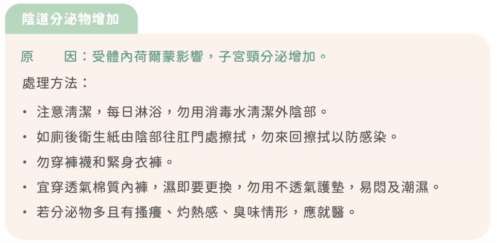 懷孕初期症狀-懷孕受體內荷爾蒙影響，陰道分泌物易變多、搔癢、有異味。