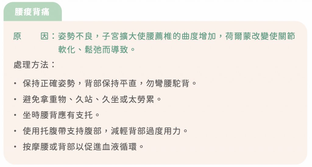 懷孕初期症狀-懷孕姿勢不良易腰酸背痛。可改穿舒適鞋子，坐著時可使用靠枕，避免長時間站立。