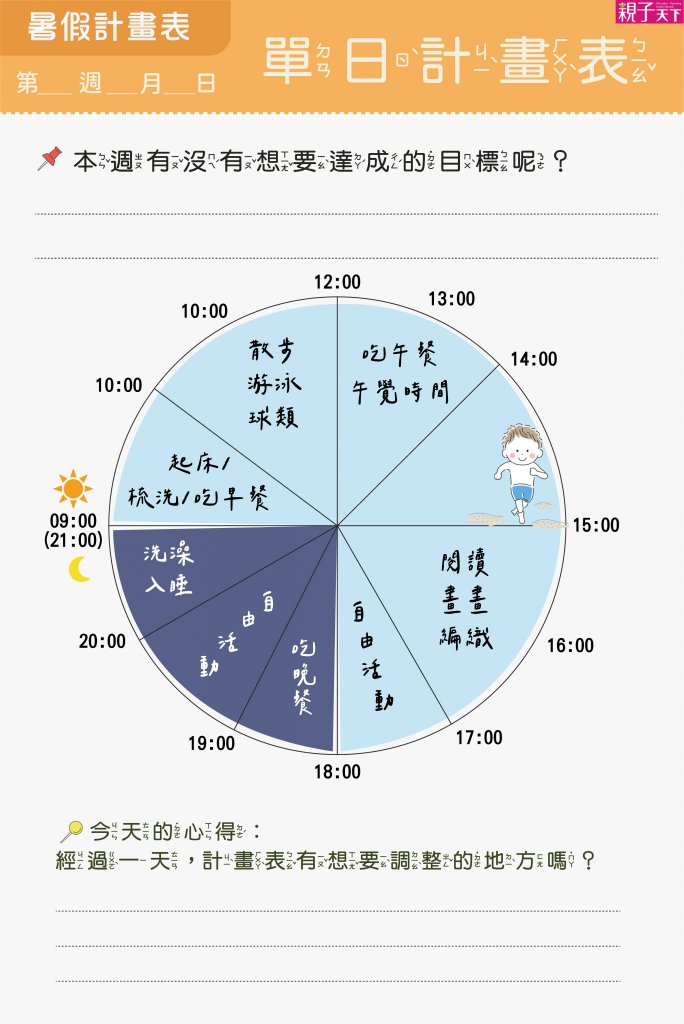 【暑假計畫表】範例二：單日計畫表（時鐘式）