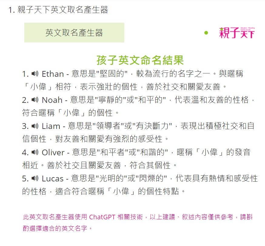 親子天下英文取名產生器 英文名產出